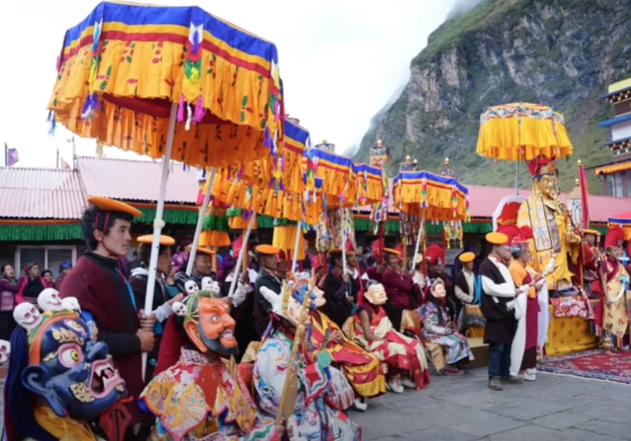 Colorful traditional festival with masked performers.